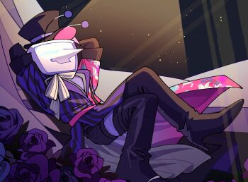 1boy absurdres ant_tenna arms_behind_head artist_name black_boots black_gloves black_hat black_shorts blush boots clothed_robot coat commentary cosplay curtains deltarune elbow_gloves english_commentary flower gavis_bettel gavis_bettel_(cosplay) gloves hat heph_(hephasst) high_heel_boots high_heels highres holostars holostars_english humanoid_robot long_nose male_focus pointy_nose purple_flower purple_rose radio_antenna robot rose shorts solo thigh_boots utdr_(toby_fox)