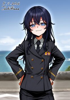 1girl akatsuki_(kancolle) alternate_costume artist_name black_necktie blue_eyes blush buttons collared_shirt commentary_request dated double-breasted grey_jacket grey_skirt hands_on_own_hips highres hisama_tomoki jacket japan_maritime_self-defense_force japan_self-defense_force kantai_collection long_hair long_sleeves looking_at_viewer military military_dress_uniform military_rank_insignia military_uniform naval_dress_uniform naval_uniform necktie one-hour_drawing_challenge outdoors purple_hair ribbon_bar shirt skirt smirk solo white_shirt