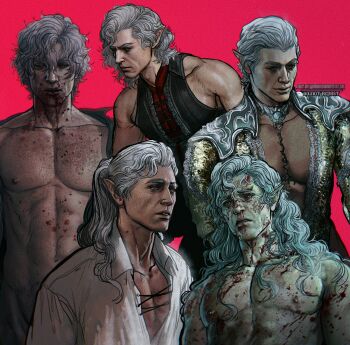 Rule 34 | 1boy, armor, astarion, baldur's gate, baldur's gate 3, blood, blood on face, commentary request, copyright request, dungeons & dragons, dungeons &amp; dragons, highres, long hair, long pointy ears, male focus, muscular, muscular male, nude, official alternate costume, pointy ears, red background, red hair, shirt, shoulder armor, umikochannart, white hair, white shirt