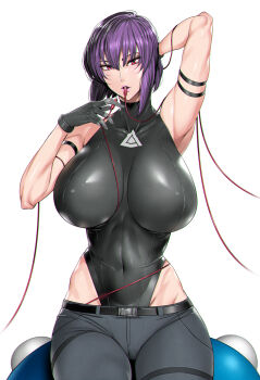 1girl breasts fei_(maidoll) female_focus ghost_in_the_shell highres kusanagi_motoko large_breasts leotard outline purple_hair red_eyes short_hair