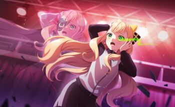 1girl arms_up black_pants blonde_hair blurry game_cg green_eyes headphones highres kathrina_griebel long_hair looking_at_viewer open_mouth pants pink_hair solo standing third-party_source very_long_hair world_dai_star