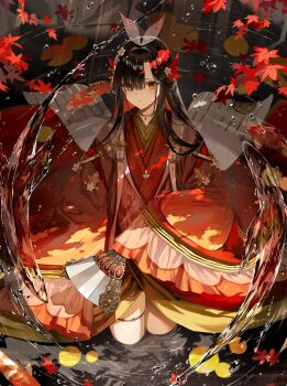 1girl absurdres autumn_leaves black_hair carp colored_inner_hair commentary_request falling_leaves flower folding_fan from_above gold_choker hair_flower hair_ornament hair_over_one_eye hand_fan highres holding holding_fan japanese_clothes kimono kuga_huna layered_clothes layered_kimono leaf lily_pad multicolored_hair original parted_lips red_eyes red_hair red_kimono solo standing thighs very_long_sleeves wading wide_sleeves