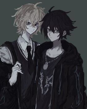 2boys ahoge black_background black_hair black_hoodie black_jacket black_necktie black_shirt black_sweater blonde_hair chain chain_necklace closed_mouth collared_shirt crossed_bangs green_eyes grey_eyes hair_between_eyes hand_up highres hood hoodie hyakuya_mikaela hyakuya_yuuichirou jacket jewelry kill_li00 looking_at_viewer male_focus multiple_boys necklace necktie off_shoulder owari_no_seraph school_uniform shirt short_hair simple_background sweater upper_body white_shirt