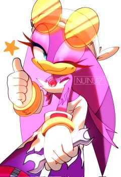 1girl artist_name bandana blue_eyes eyewear_on_head flame_print furry furry_female gloves highres holding holding_wrench looking_at_viewer nuinu_17 one_eye_closed pants print_pants purple_fur purple_pants simple_background solo sonic_(series) star_(symbol) thumbs_up tinted_eyewear two-tone_pants wave_the_swallow white_background white_bandana white_gloves white_pants wrench yellow-tinted_eyewear