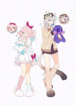 2girls animal_ears aqua_eyes asymmetrical_legwear blue_eyes bow cat_ears cat_girl cat_tail character_doll cipher_(honkai:_star_rail) cipher_(sweet_slumber)_(honkai:_star_rail) doll drill_hair frills full_body game_screenshot_inset gradient_hair grey_hair grid_background hashtag-only_commentary highres holding honkai:_star_rail honkai_(series) hyacine_(honkai:_star_rail) hyacine_(sweet_slumber)_(honkai:_star_rail) ki_ii37 little_ica_(honkai:_star_rail) multicolored_hair multiple_girls official_alternate_costume one_eye_closed pajamas pink_hair screenshot_inset shoes shorts sleep_mask sleepwear spirithief_bartholos_(honkai:_star_rail) streaked_hair stuffed_toy sweater tail twin_drills