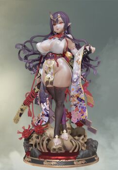 1girl 3d asanagi bad_id bad_twitter_id bare_shoulders barefoot black_thighhighs breasts bright_pupils broken_horn choker circlet cleavage closed_mouth clothing_cutout crossed_legs derivative_work detached_sleeves female_focus fingerless_gloves floral_print full_body gloves hand_on_hilt hinomoto_oniko horn_ornament horns huge_breasts japanese_clothes katana kimono leslyzerosix long_hair looking_at_viewer magatama meme mole mole_under_eye navel navel_cutout no_panties o-ring oni_horns original pelvic_curtain pointy_ears purple_hair red_eyes revealing_clothes ribbon-trimmed_legwear ribbon-trimmed_sleeves ribbon_choker ribbon_trim short_kimono sideboob skull slit_pupils smile solo standing stirrup_legwear sword thighhighs thighs toeless_legwear tsurime very_long_hair weapon wide_hips wide_sleeves