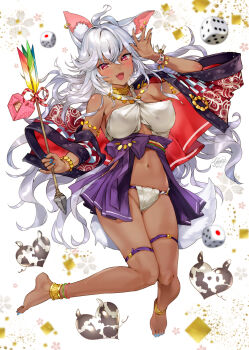 1girl animal_ears arrow breasts dark-skinned_female dark_skin dice highres large_breasts long_hair mira_(ogino_atsuki) nail_polish navel new_year open_mouth original panties red_eyes solo thigh_strap underwear white_hair yanyo_(ogino_atsuki)
