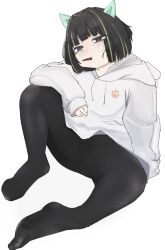 Rule 34 | 1girl, black pantyhose, colored inner hair, crying, feet, full body, highres, hood, hoodie, inno (amputator), legs, multicolored hair, no shoes, original, pantyhose, short hair, simple background, sitting, solo, thighhighs, toes, white background
