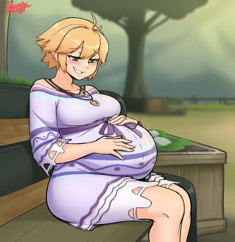 1girl absurdres artist_name belly big_belly fiora_(xenoblade) hands_on_own_stomach highres nose outdoors pregnant sitting solo textless_version tsukijitums xenoblade_chronicles_(series) xenoblade_chronicles_1
