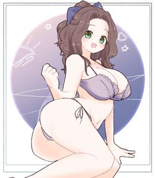 1girl :d ass bikini blue_bow blush bow bra breasts brown_hair commentary cowboy_shot green_eyes hair_bow hand_up heart highres inset_border large_breasts long_hair looking_at_viewer navel olto_rondo open_mouth original panties purple_bra purple_panties side-tie_bikini_bottom smile solo star_(symbol) swimsuit symbol-only_commentary underwear underwear_only
