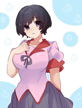 Rule 34 | 1girl, black hair, breasts, commentary, hanekawa tsubasa, highres, large breasts, medium hair, monogatari (series), naoetsu high school uniform, pink shirt, purple eyes, ribbon, school uniform, shirt, skirt, tsugumi (tgm 615486), untranslatable commentary