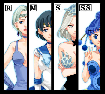 Rule 34 | 1990s (style), 4girls, bad id, bad pixiv id, bare shoulders, beruche (sailor moon), bishoujo senshi sailor moon, bishoujo senshi sailor moon r, bishoujo senshi sailor moon s, bishoujo senshi sailor moon supers, blue eyes, blue hair, blue sailor collar, blue skirt, border, bow, braid, braided bangs, breast rest, breasts, choker, color connection, column lineup, crescent, crescent facial mark, crossed arms, earrings, expressionless, facial mark, gloves, hair bun, jewelry, kitashiba, leotard, magical girl, medium breasts, mizuno ami, multiple girls, pallapalla (sailor moon), retro artstyle, ribbon, sailor collar, sailor mercury, short hair, single hair bun, skirt, smile, tiara, v, viluy (sailor moon), white background, white hair