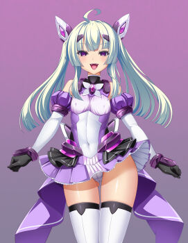 1girl absurdres ahoge amakubo_yuri bare_shoulders black_gloves blush breasts cameltoe chest_jewel commentary_request commission corruption covered_erect_nipples covered_navel detached_sleeves dress elbow_gloves exs-tia_flora fangs gloves gluteal_fold gradient_background green_hair hair_ornament harold_japan highres kouyoku_senki_exs-tia large_variant_set leotard long_hair looking_at_viewer magical_girl open_mouth panties pantyshot pleated_skirt purple_background purple_eyes purple_skirt purple_theme skeb_commission skin_tight skirt small_breasts smile solo standing thigh_gap thighhighs thighs tongue twintails underwear variant_set white_panties white_thighhighs