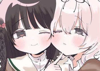 Rule 34 | 2girls, babumi roriko, braid, brown hair, cheek-to-cheek, hair between eyes, hanamura hinako, hand on another's chin, hashtag-only commentary, heads together, highres, kitanai kimi ga ichiban kawaii, light blush, long hair, multiple girls, one eye closed, sezaki airi, short hair, side braid, smile, upper body, white hair