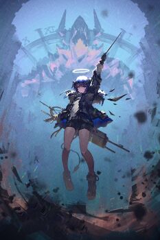1girl absurdres arknights black_jacket black_shoes black_shorts black_wings blue_hair blue_sky blue_theme clock commentary_request demon_horns demon_tail detached_wings energy_wings floating fur-trimmed_hood fur_trim halo highres holding hood hooded_jacket horns jacket monster mostima_(arknights) reitro shirt shoes short_shorts shorts sky solo staff tail thighs traditional_halo white_halo white_shirt wings