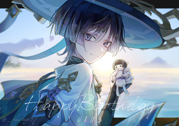 1boy absurdres animal_print arm_at_side armor bird_print black_bodysuit black_border black_bridal_gauntlets black_hair blue_cape blue_hair blue_hat blue_sky blue_sleeves blunt_ends bodysuit border bridal_gauntlets cape clear_sky cliff closed_mouth colored_tips doll eyeliner eyeshadow fingernails from_side furisode genshin_impact gold hand_up hat highres holding holding_doll japanese_armor japanese_clothes jingasa kimono kote kurage_67 kurokote layered_sleeves letterboxed looking_at_viewer makeup male_focus mountainous_horizon multicolored_hair outdoors purple_eyes purple_hair purple_rope red_eyeliner red_eyeshadow rope scaramouche_(genshin_impact) shore short_sleeves sky smile solo split_mouth sunrise tsurime turtleneck turtleneck_bodysuit wanderer_(genshin_impact) white_kimono white_sleeves wispy_bangs