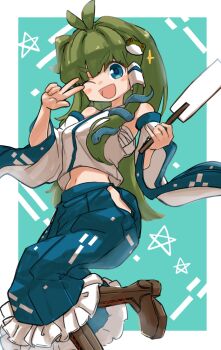 1girl ;d blush boots bow breasts brown_footwear detached_sleeves frog gohei hair_between_eyes hand_up holding japanese_clothes kochiya_sanae long_hair looking_at_viewer medium_breasts midriff miko navel nontraditional_miko one_eye_closed open_mouth ornament shirt shoes skirt smile snake solo touhou tube uisu_(noguchipint) v very_long_hair