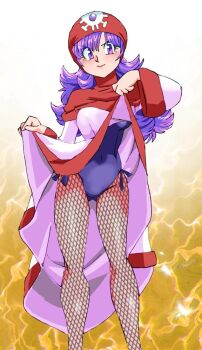 1girl black_pantyhose blue_leotard blush breasts dragon_quest dragon_quest_ii fishnet_pantyhose fishnets hood hood_up large_breasts leotard leotard_under_clothes long_hair long_sleeves looking_at_viewer onnaski pantyhose playboy_bunny princess_of_moonbrook print_hood purple_eyes purple_hair red_hood robe robe_lift smile square_enix standing two-tone_background water white_background white_robe wide_sleeves yellow_background