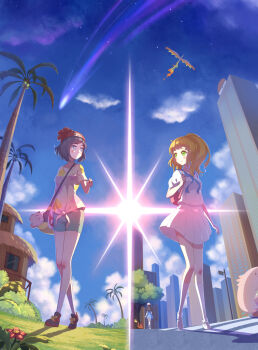 2girls backpack bag beanie black_hair blissey blonde_hair blue_eyes blue_ribbon blue_sky blunt_bangs blush braid building chansey charmander city clefairy cloud day fire flame-tipped_tail floral_print french_braid full_body gen_1_pokemon gen_2_pokemon green_(pokemon) green_eyes hat high_ponytail highres hood kimi_no_na_wa. legendary_pokemon lillie_(pokemon) long_hair miniskirt moltres multiple_girls nintendo outdoors palm_tree parody pleated_skirt poke_ball_symbol pokemon pokemon_(creature) pokemon_sm ponytail red_hat ribbon selene_(pokemon) senba_hikari shirt shoes shooting_star short_hair short_shorts short_sleeves shorts skirt sky skyscraper sneakers socks split_screen spoilers sun swept_bangs t-shirt tail tied_shirt tree white_footwear white_shirt white_skirt