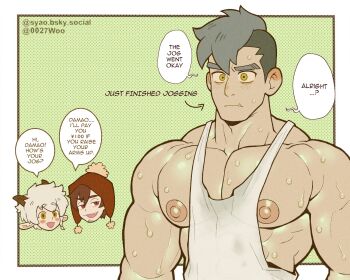 3boys all_saints_street animal_ears bara beanie brown_hair commentary damao_(all_saints_street) earflap_beanie english_commentary english_text eyebrow_cut facial_hair fang fang_out goat_ears goat_horns goatee_stubble grey_hair hat highres horns ira_blood large_pectorals male_focus multiple_boys muscular muscular_male neil_bowman nipples outside_border pectorals red_eyes short_hair speech_bubble stringer stubble sweat syaoran_(0027) yaoi yellow_eyes