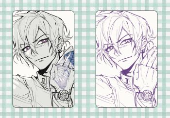 Rule 34 | 1boy, bug, butterfly, catfish05, closed mouth, commentary, earrings, highres, insect, jewelry, looking to the side, male focus, monochrome, multiple views, persona, persona 1, portrait, purple eyes, school uniform, short hair, simple background, spot color, st. hermelin school uniform, symbol-only commentary, toudou naoya, watch, wristwatch