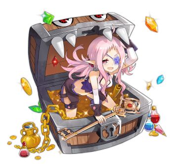 1girl :d ahoge ark_order artist_request black_shorts bra chain coin detached_sleeves facial_mark fang faux_figurine full_body gem gold gold_coin holding holding_key horns key long_hair long_sleeves looking_at_viewer mimic mimic_(ark_order) mimic_chest official_art open_mouth pink_eyes pink_hair potion purple_bra purple_horns purple_shirt shirt short_bangs shorts sidelocks smile solo transparent_background treasure treasure_chest twintails underwear variant_set vase