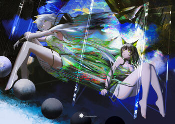 2girls abstract_background absurdres animal_ear_fluff animal_ears arknights artist_name bare_legs barefoot black_choker black_hair breasts cat_ears chinese_commentary choker closed_mouth collarbone commentary_request dissolving_clothes dress full_body green_dress green_eyes green_hair green_panties highres horns kal'tsit_(arknights) long_sleeves looking_at_viewer mackia medium_breasts mon3tr_(arknights) multicolored_hair multiple_girls panties parted_lips planet see-through_clothes see-through_skirt see-through_sleeves skirt topless_female two-tone_hair underwear white_hair