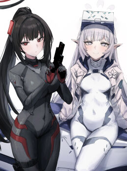2girls absurdres black_bodysuit black_hair black_halo blue_archive bodysuit breasts bright_pupils commentary_request covered_navel earclip gabang grey_eyes grey_hair gun halo handgun head-mounted_display highres himari_(armed)_(blue_archive) himari_(blue_archive) holding holding_gun holding_weapon impossible_bodysuit impossible_clothes large_breasts latex latex_bodysuit long_hair looking_at_viewer medium_breasts mole mole_under_eye multicolored_halo multiple_girls official_alternate_costume official_alternate_hairstyle pointy_ears red_eyes ringed_eyes rio_(armed)_(blue_archive) rio_(blue_archive) skin_tight smile two-tone_halo very_long_hair weapon white_bodysuit white_halo white_pupils