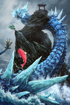 absurdres cliff dragon eastern_dragon epic fins fish gen_1_pokemon giant giant_monster glowing glowing_eyes gyarados highres horns jinsu_kang jumping long_image looking_at_viewer magikarp monster nintendo no_humans no_pupils ocean open_mouth pokemon pokemon_(creature) rain realistic roaring sea_monster sea_serpent serpent sharp_teeth shrine signature spikes storm swimming tail tall_image teeth torii tree water waves whiskers yellow_eyes