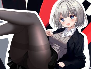 1girl :d black_jacket black_panties black_pantyhose black_skirt blue_eyes blunt_bangs blush collared_shirt commentary_request fang feet_out_of_frame grey_hair grey_sweater_vest highres jacket knees_together_feet_apart knees_up legs long_sleeves looking_at_viewer open_mouth original panties panties_under_pantyhose pantyhose pleated_skirt ribbed_sweater sakura_mikan_(chirizakura) school_uniform shirt short_hair skin_fang skirt smile solo sweater sweater_vest thighband_pantyhose underwear white_shirt