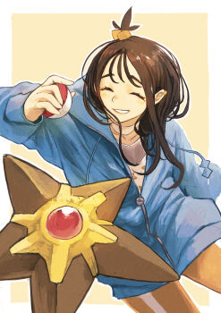 1girl absurdres black_hair blue_jacket border closed_eyes commentary_request cube_hair_ornament eyelashes gen_1_pokemon hair_ornament highres holding holding_poke_ball jacket lida_(pokemon) long_hair long_sleeves maaka_4441 nintendo partially_unzipped poke_ball poke_ball_(basic) pokemon pokemon_(creature) pokemon_legends:_z-a simple_background smile staryu teeth topknot white_border