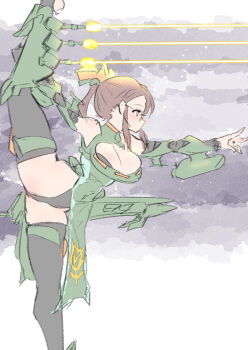 1girl armor bare_shoulders black_thighhighs blush breasts brown_hair cleavage commentary_request dress firing green_dress gundam hair_ornament highres large_breasts laser long_hair long_sidelocks mobile_suit_gundam musai orange_eyes outstretched_arm parted_bangs personification ponytail round_eyewear sidelocks solo split standing standing_on_one_leg standing_split thick_thighs thighhighs thighs weapon yazawa_owl