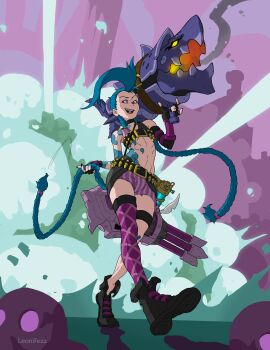 Rule 34 | 1girl, absurdres, ahoge, ammunition belt, aqua hair, argyle clothes, argyle thighhighs, arm tattoo, artist name, bare shoulders, black boots, black choker, black gloves, black nails, boots, braid, choker, cloud tattoo, crop top, elbow gloves, explosion, explosion background, fezzleoni, fingerless gloves, full body, gloves, hand in own hair, heterochromia, highres, holding, holding rocket launcher, holding weapon, jinx (league of legends), league of legends, long hair, nail polish, open mouth, pink eyes, rocket launcher, short shorts, shorts, single elbow glove, single thighhigh, smile, solo, stomach tattoo, striped clothes, striped shorts, tattoo, thigh strap, thighhighs, twin braids, two-tone shirt, very long hair, walking, weapon