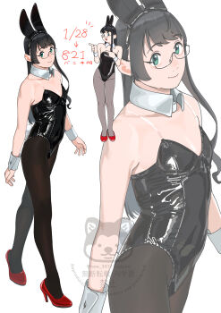 1girl absurdres alternate_costume animal_ears black-framed_eyewear black_hair black_leotard black_pantyhose breasts closed_mouth commentary_request fake_animal_ears fake_tail glasses green_eyes high_heels highres kantai_collection leotard long_hair ojipon ooyodo_(kancolle) pantyhose playboy_bunny pointing rabbit_ears rabbit_tail red_shoes shoes simple_background small_breasts standing tail translation_request twitter_username white_background wrist_cuffs