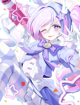 1girl absurdres blue_archive blue_hair blue_jacket blush bow chanpower233 closed_mouth commentary_request drill_hair gloves highres holding holding_rocket_launcher holding_weapon jacket looking_at_viewer multicolored_hair one_eye_closed pantyhose purple_bow purple_eyes purple_hair purple_pantyhose reisa_(blue_archive) reisa_(magical)_(blue_archive) rocket_launcher shirt short_sleeves skirt smile solo star-shaped_pupils star_(symbol) striped_clothes striped_pantyhose symbol-shaped_pupils tongue tongue_out twin_drills two-tone_hair w weapon white_gloves white_shirt white_skirt