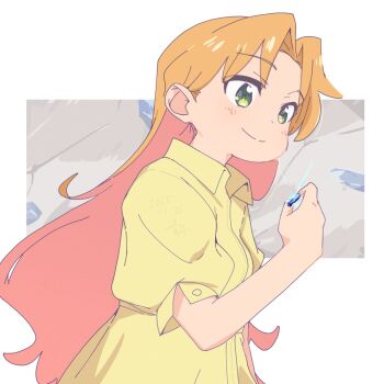 blonde_hair blue_gemstone bluearcadegames gem green_eyes holding ruri_no_houseki shirt signature simple_background tanigawa_ruri yellow_shirt