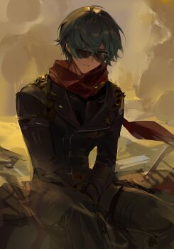 1boy absurdres baiser3rd black_gloves black_jacket black_pants blue_hair commentary gloves green_eyes green_hair hair_between_eyes hair_over_one_eye highres jacket lighter_(zenless_zone_zero) long_sleeves looking_at_viewer male_focus pants parted_lips red_scarf scarf sitting solo spiked_jacket sunglasses symbol-only_commentary zenless_zone_zero