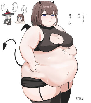 2girls belly belly_grab big_belly black_shirt black_shorts black_thighhighs black_wings blue_eyes blush bob_cut breasts brown_hair cleavage cleavage_cutout clothing_cutout crop_top demon_tail fat fat_woman from_side garter_straps halloween_costume hand_on_own_stomach heart horns japanese_text medium_breasts mitsuki_(pbnuqd) multiple_girls navel obese open_mouth original shirt short_hair short_shorts shorts shorts_down skindentation sleeveless sleeveless_shirt smile standing tail thick_thighs thighhighs thighs white_background wings