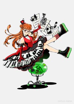 Rule 34 | 1girl, ankle boots, bare shoulders, beamed eighth notes, black-framed eyewear, black bow, black bowtie, black shoes, blunt bangs, blunt ends, boots, bow, bowtie, collared shirt, copyright notice, double bun, dress, eighth note, elbow gloves, floating hair, frilled dress, frills, full body, glasses, gloves, hair bun, hat, legs up, long hair, mini hat, mini top hat, musical note, official art, orange hair, outstretched arms, persona, persona 5, piano keys, piano print, platform boots, purple eyes, red dress, red gloves, red hat, saitou rokuro, sakura futaba, second-party source, sheet music, shirt, shoes, solo, stool, top hat, traditional bowtie, treble clef, white shirt, wing collar, zipper, zipper pull tab