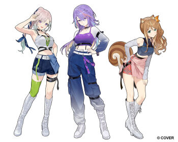 3girls airani_iofifteen animal_ear_fluff animal_ears area_15 arm_up ayunda_risu bare_arms belt black_belt black_choker blonde_hair blue_hair blue_pants blue_ribbon blue_shirt blue_shorts boots braid braided_ponytail breasts brown_hair cargo_pants chest_belt chest_harness choker cleavage colored_inner_hair commentary company_name contrapposto copyright_notice crescent crescent_hair_ornament cropped_shirt english_commentary flower full_body gradient_eyes gradient_hair green_hair green_thighhighs grey_shirt hair_between_eyes hair_flaps hair_flower hair_ornament hair_ribbon hairclip half-skirt halter_shirt halterneck hand_on_own_hip hand_on_own_thigh harness headset high_heel_boots high_heels high_ponytail hololive hololive_indonesia knee_boots lace-up_boots large_breasts leaning_to_the_side legs_apart lineup long_hair long_hair_between_eyes long_sidelocks long_sleeves looking_at_viewer medium_breasts midriff miniskirt moona_hoshinova multicolored_eyes multicolored_hair multiple_belts multiple_girls nail_polish o-ring o-ring_harness off-shoulder_shirt off_shoulder official_alternate_costume official_alternate_hairstyle official_art open_mouth orange_nails overskirt pants pants_tucked_in parted_lips pink_hair pink_skirt platform_boots pleated_skirt ponytail purple_eyes purple_hair purple_shirt rararamax ribbon see-through_clothes see-through_sleeves shirt short_shorts shorts side_braid sidelocks simple_background single_thighhigh skirt sleeveless sleeveless_shirt sleeves_past_wrists smile squirrel_ears squirrel_girl squirrel_tail standing starry_hair streaked_hair swept_bangs tail thigh_strap thighhighs two-tone_hair underbust virtual_youtuber white_background white_belt white_boots white_hair white_sleeves yellow_eyes