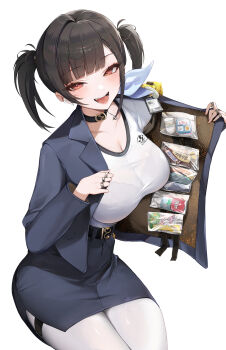 1girl absurdres black_choker black_hair blush bra_visible_through_clothes breasts choker cleavage commentary contraband curvy doro_(nikke) english_commentary goddess_of_victory:_nikke highres jacket jewelry large_breasts long_hair looking_at_viewer open_clothes open_jacket open_mouth opened_by_self pantyhose red_eyes shirt simple_background skirt smile solo sora_(nikke) sun_0205 thick_thighs thighs twintails white_background white_pantyhose white_shirt