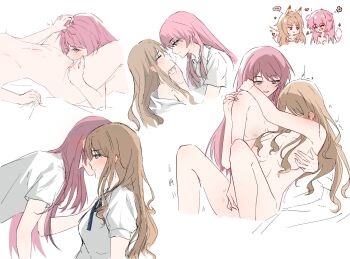 2girls arms_around_neck bang_dream! bang_dream!_it&#039;s_mygo!!!!! between_legs blue_eyes blush breasts brown_hair cassius_(pixiv_21496909) chihaya_anon closed_eyes collared_shirt commentary completely_nude cunnilingus drawn_ears drawn_tail fingering grey_eyes hand_in_another&#039;s_hair large_breasts long_hair multiple_girls nagasaki_soyo nipples nude oral pink_hair pussy_juice school_uniform shirt simple_background translation_request tsukinomori_school_uniform white_background white_shirt yuri
