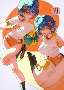 !? 1girl alternate_breast_size_(larger) alternate_costume ball bandaged_leg bandages bandaid bandaid_on_face basketball basketball_(object) belle_(zenless_zone_zero) black_socks blue_hair breasts commentary_request foot_out_of_frame full_body green_eyes hair_between_eyes hair_ornament highres holding holding_ball huge_breasts indol letter_hair_ornament looking_at_viewer multiple_views one_eye_closed open_mouth orange_shorts parted_lips playing_sports shirt shoes short_hair short_shorts short_sleeves shorts sitting socks standing standing_on_one_leg teeth upper_teeth_only white_shirt zenless_zone_zero