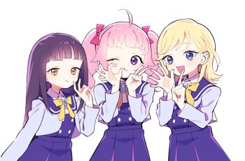 3girls :d ahoge aozora_himari arm_at_side bent_v black_hair blonde_hair blue_eyes blue_gem blue_jacket blue_sailor_collar blue_skirt bow commentary_request cowboy_shot dot_nose gem hand_up hands_up himitsu_no_aipri hoshikawa_mitsuki index_finger_raised jacket light_blush long_hair long_sleeves looking_at_viewer multiple_girls ok_sign one_eye_closed open_clothes open_hand open_jacket open_mouth paradise_private_academy_school_uniform pink_bow pink_hair pleated_skirt pretty_series purple_eyes sailor_collar school_uniform simple_background skirt smile spread_fingers standing straight_hair suzukaze_tsumugi symbol-shaped_pupils triangle-shaped_pupils twintails ukokkei v white_background yellow_bow yellow_eyes