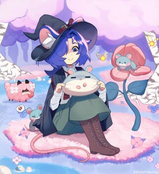 1girl absurdres anger_vein animal_ears blue_eyes blue_hair boots brown_boots cheek_pull commentary ears_through_headwear english_commentary fairy green_skirt hair_over_one_eye hat highres lace-up_boots long_skirt long_sleeves mouse_ears mouse_girl mouse_tail mushroom on_ground original outdoors parasoru_buruu plant pond shirt sitting skirt smile spoken_anger_vein tail tree triangle_mouth white_shirt witch witch_hat