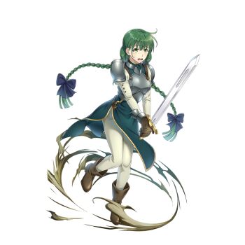 1girl ankle_boots armor artist_request black_ribbon boots braid braided_ponytail breastplate breasts brown_boots brown_gloves dust_cloud eyelashes floating_hair full_body game_cg gloves green_eyes green_hair green_tunic hair_ribbon high_heel_boots high_heels holding holding_sword holding_weapon long_hair long_sleeves looking_ahead looking_at_viewer low_twin_braids multiple_braids official_art open_mouth pants pauldrons raised_eyebrows ribbon rishia_ivyred shirt shoulder_armor side_slit simple_background sleeveless_tunic small_breasts solo standing standing_on_one_leg sweatdrop sword tate_no_yuusha_no_nariagari tate_no_yuusha_no_nariagari_rerise tongue transparent_background tunic turtleneck_tunic twin_braids weapon white_pants white_shirt