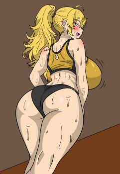 1girl alternate_hairstyle ass blonde_hair bloomers blush bouncing_breasts breasts buruma half-closed_eyes highres in_heat jiggle large_breasts legs long_hair looking_at_viewer looking_back midriff naughty_face open_mouth ponytail purple_eyes rwby sideboob smile solo source_request sports_bra sportswear sweat thick_thighs thighs tongue underwear wedgie yang_xiao_long