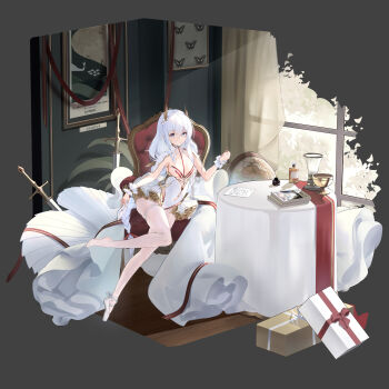 +_+ 1girl absurdres alternate_costume azur_lane blue_eyes box braid breasts chair commentary english_commentary full_body galodos gift gift_box hair_between_eyes highres le_malin_(azur_lane) leotard long_hair looking_at_viewer microskirt pantyhose red_ribbon ribbon round_table single_braid skirt small_breasts solo sword table thigh_strap very_long_hair weapon white_hair white_leotard white_pantyhose white_skirt window