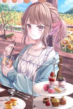 1girl between_fingers blue_jacket blueberry blurry blush breasts brown_hair chair closed_mouth cloud collarbone cup cupcake depth_of_field dessert dot_nose drink drinking_glass drinking_straw field fingernails flower flower_field food fork frilled_shirt frills fruit hair_pulled_back hand_up highres hill holding holding_cup holding_drinking_straw ice ice_cube jacket jacket_partially_removed kitchen_knife knife long_sleeves medium_hair multicolored_hair nail_polish on_chair open_clothes open_jacket original pastry patio pink_hair pink_nails plate ponytail railing red_eyes shirt sidelocks single_bare_shoulder sitting sleeveless sleeveless_shirt small_breasts smile solo spoon square_neckline strawberry streaked_hair sunflower sunflower_field sweets swept_bangs table tiered_tray tree ukiukikiwi2525 upper_body wooden_chair wooden_floor wooden_table