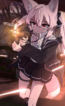 1girl absurdres aiming akaguheavyindustries animal_ear_fluff animal_ears black_bow black_jacket black_shoes black_skirt bow casing_ejection closed_mouth collared_shirt firing foot_out_of_frame fox_ears fox_girl fox_tail gun hair_between_eyes hair_bow handgun highres holding holding_gun holding_weapon holster hood id_card jacket karin_(vrchat) lanyard long_hair long_sleeves looking_ahead muzzle_flash off_shoulder open_clothes open_jacket outdoors pink_hair pleated_skirt red_eyes running shell_casing shirt shoes sidelocks skirt solo submachine_gun tail thigh_holster thigh_strap tree twintails vrchat weapon white_shirt
